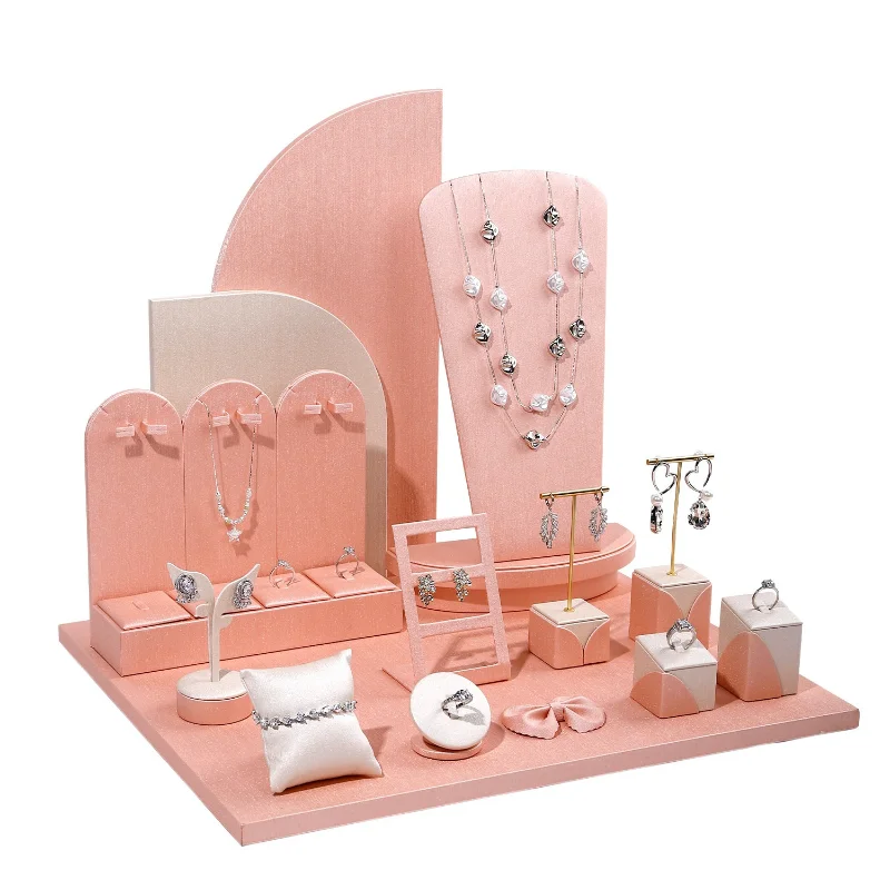 Exhibitor Jewelry Display Stand Leather Ring Display Rack Pink Necklace Organizer Holder Counter Bracelet Earrings Storage Rack