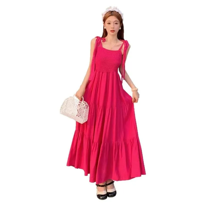 Vestido de tirantes con hombros descubiertos para vacaciones en la playa, minivestido de Color rojo para mujer, falda elegante informal sin mangas para vacaciones