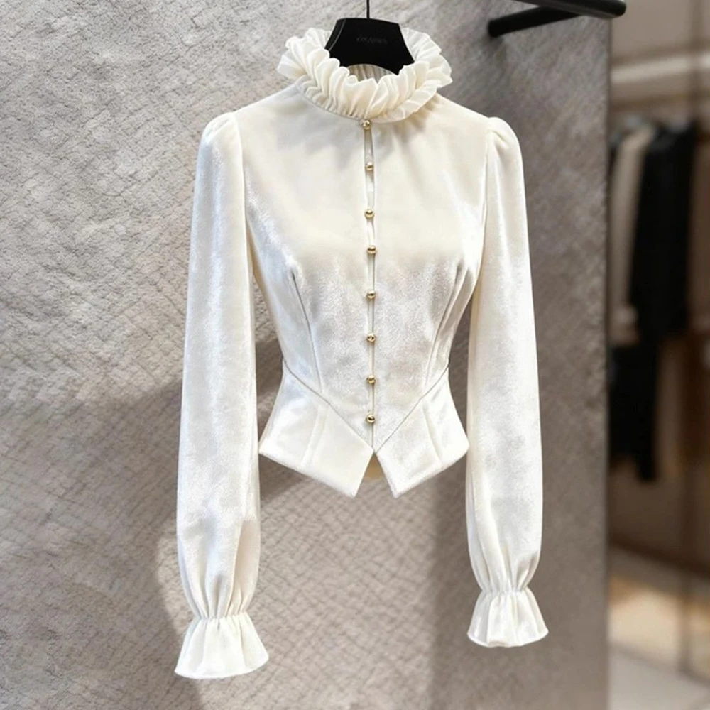 

Unique and beautiful new shirt women's winter design sense temperament high-end slim-fit shirt French white velvet shirt