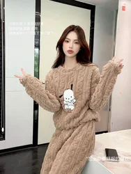 Autumn Winter Casual Fleecing Pajama Suit Warm Woolen Velvet cartoon Loungewear Set Top Elastic Waist Pants Women Clothing set