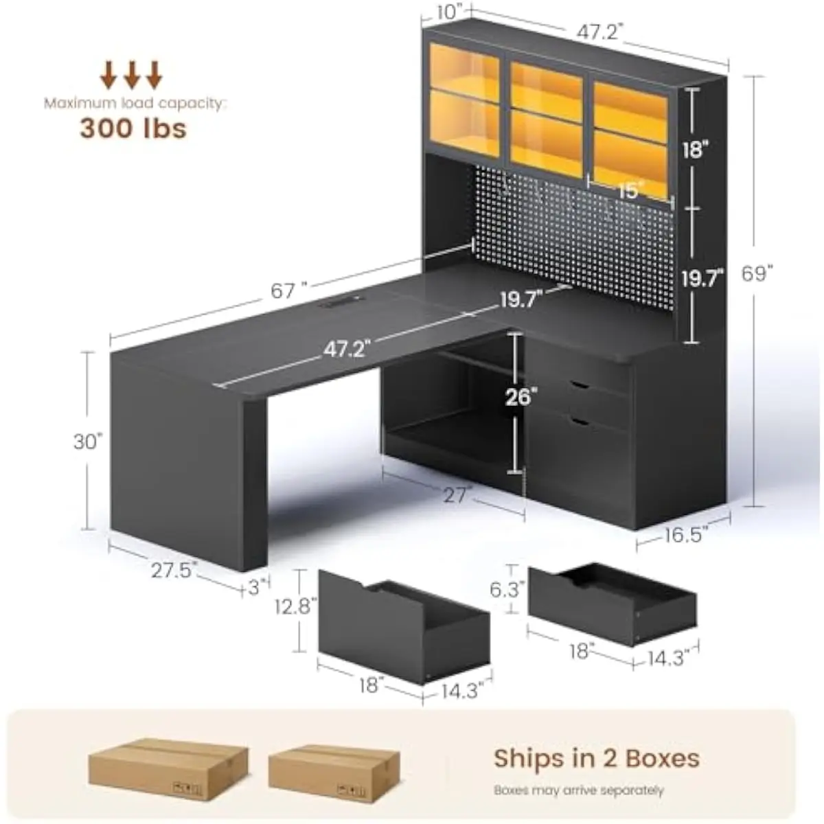 L Shaped Home Office Desk Featuring 3 Wooden Drawers, 47 Inch Pegboard, Dual-Tier Display Cabinet, RGB LED Lighting, Built-In Po