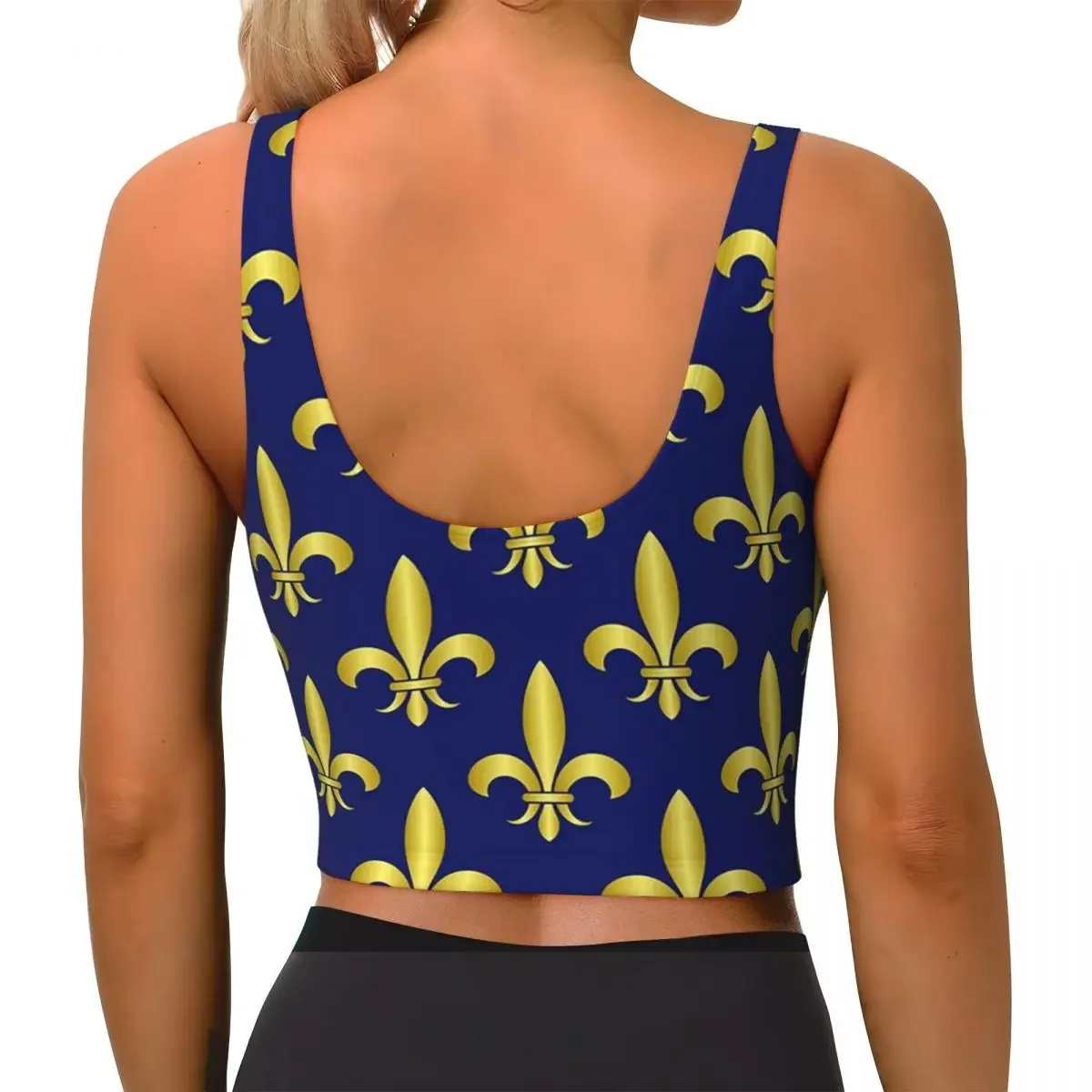 Custom Gold Blue Fleur De Lis Royal Lily Women Sports Bra High Impact Vest Gym Workout Yoga Crop Tank Top