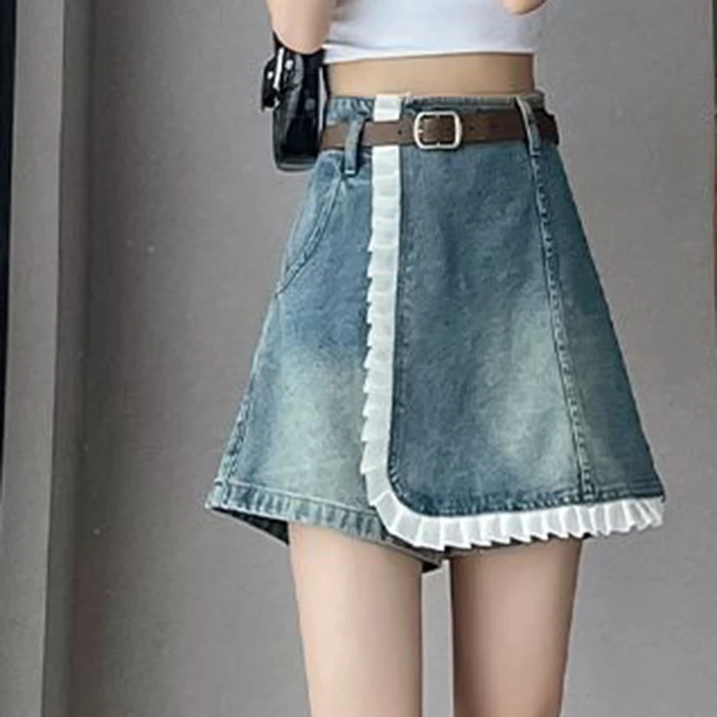 Spicy girl style lace denim skirt for women's summer new retro high waisted design with a touch of buttocks and shorts skirt