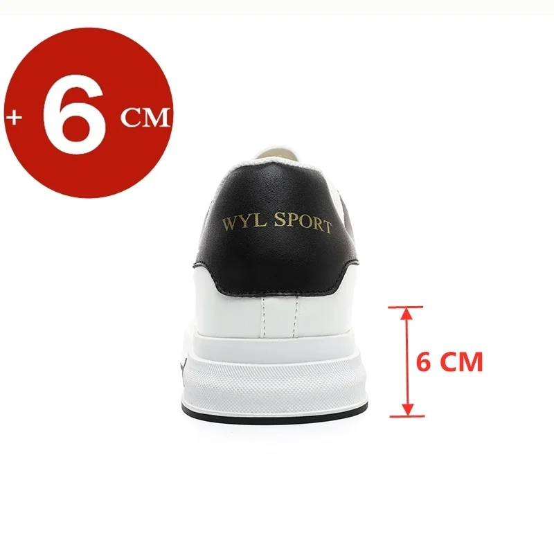 Men Leather Sneakers Elevator Shoes Casual Lift Height Increase Insole 6CM Black Taller Shoes For Man Fashion Sports White Shoes