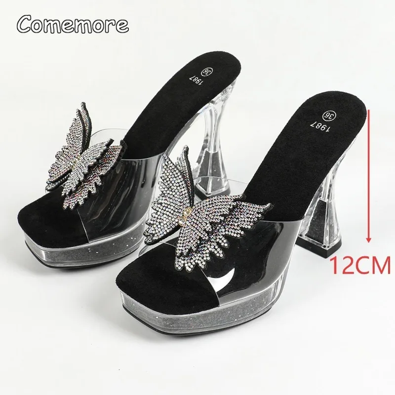 Rhinestone Butterfly Platform Heel Mules Clear PVC Stiletto High Heel Sandals Open Toe Slip-On Party Shoes Sandalias De Mujer view 3