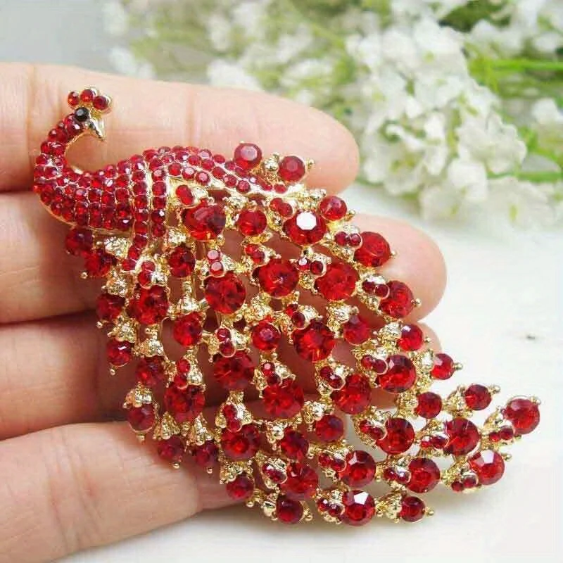 قلادة 3.11 بوصة صغيرة الحجم رائعة على شكل طائر الطاووس الأحمر للنساء دبوس بروش من حجر الراين #2