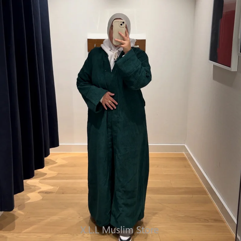 Muslim Corduroy Abaya Dubai Luxury Eid Ramadan Kebaya Kaftan Turkey Wide Hem Loose Casual Cardigan Women's Dress Large Size