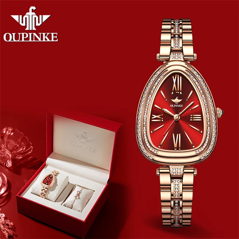 OUPINKE Fashion Triangle Dial Ladies Watch Rose Gold Full Diamond Red Roman Dial Women Quartz Wrist Watch Female Gift