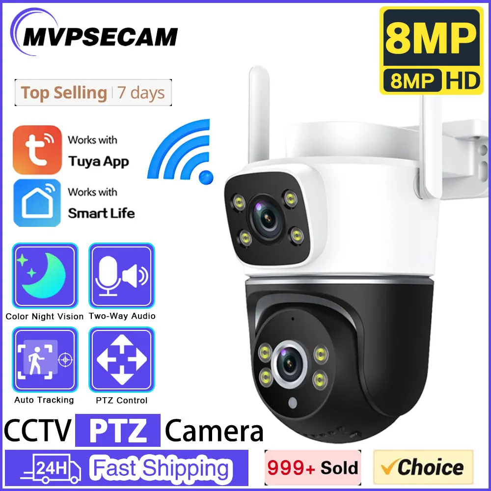 Câmera IP de Vigilância CCTV ao ar livre, vida inteligente, lente dupla, PTZ, WiFi, tela dupla, rastreamento AI, rastreamento automático, 4MP, 8MP, 4MP