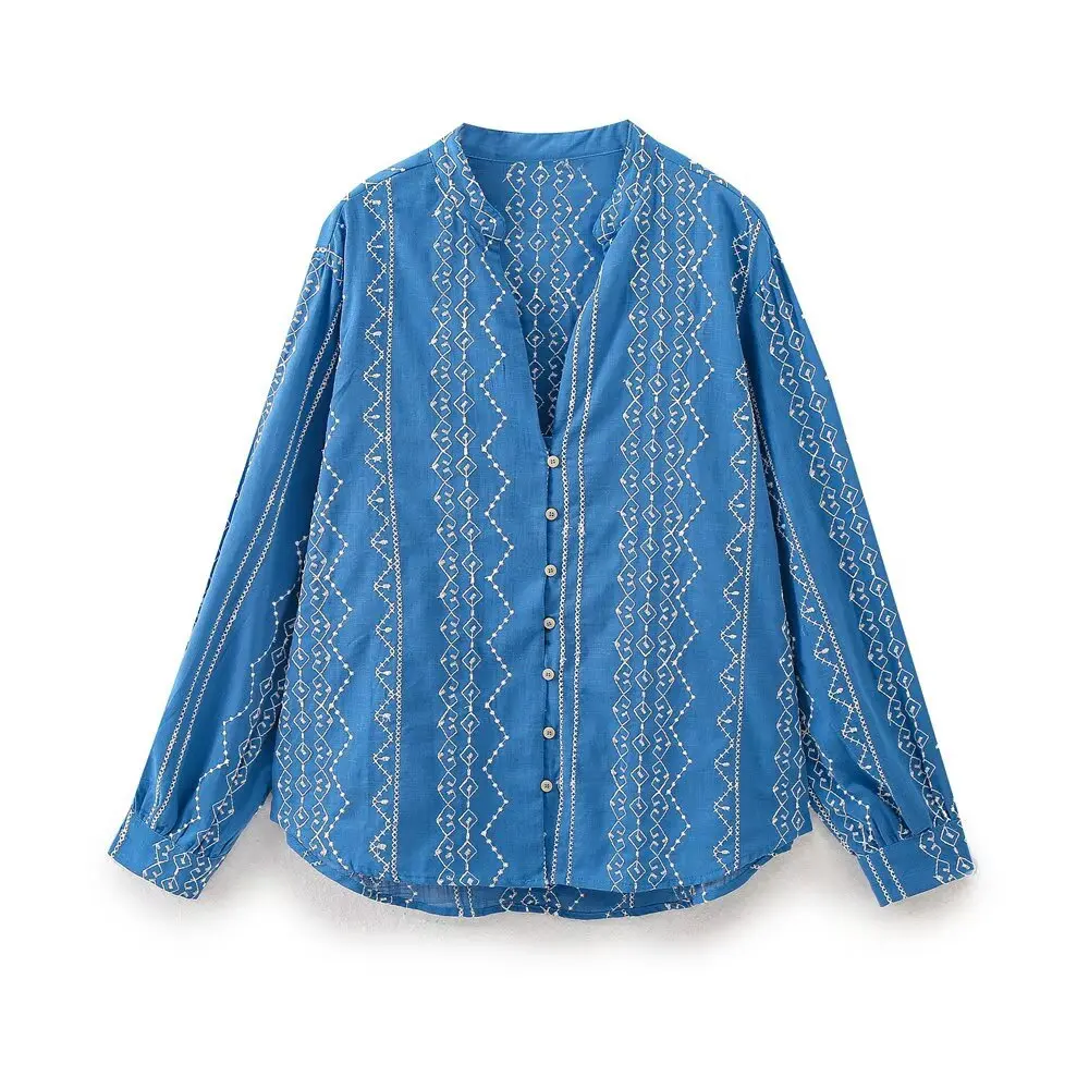 

French Vintage Embroidery Long Sleeve Shirt Women 2025 New V Neck Button Up Blue Blouse Fashion Loose Versatile Blouse