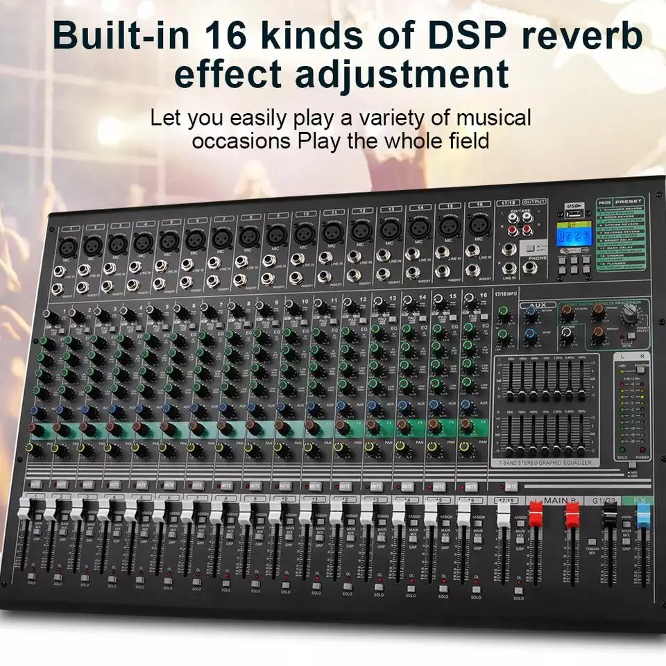 26 Channel Mixer Professional Audio Console +48V Phantom Power 16 DSP Effects Bluetooth USB Computer Play For Stage Performance