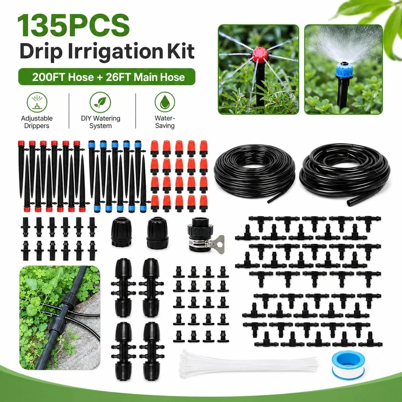 135PCS Drip Irrigation Kit 200FT Hose + 26FT Main Hose Adjustable Garden Watering System for Plants Greenhouse Lawn