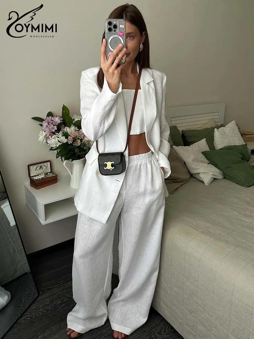 

Oymimi Fashion White Women 3 Piece Set Outfit Elegant Long Sleeve Single Button Blazers And Strapless Bra + Straight Pants Sets