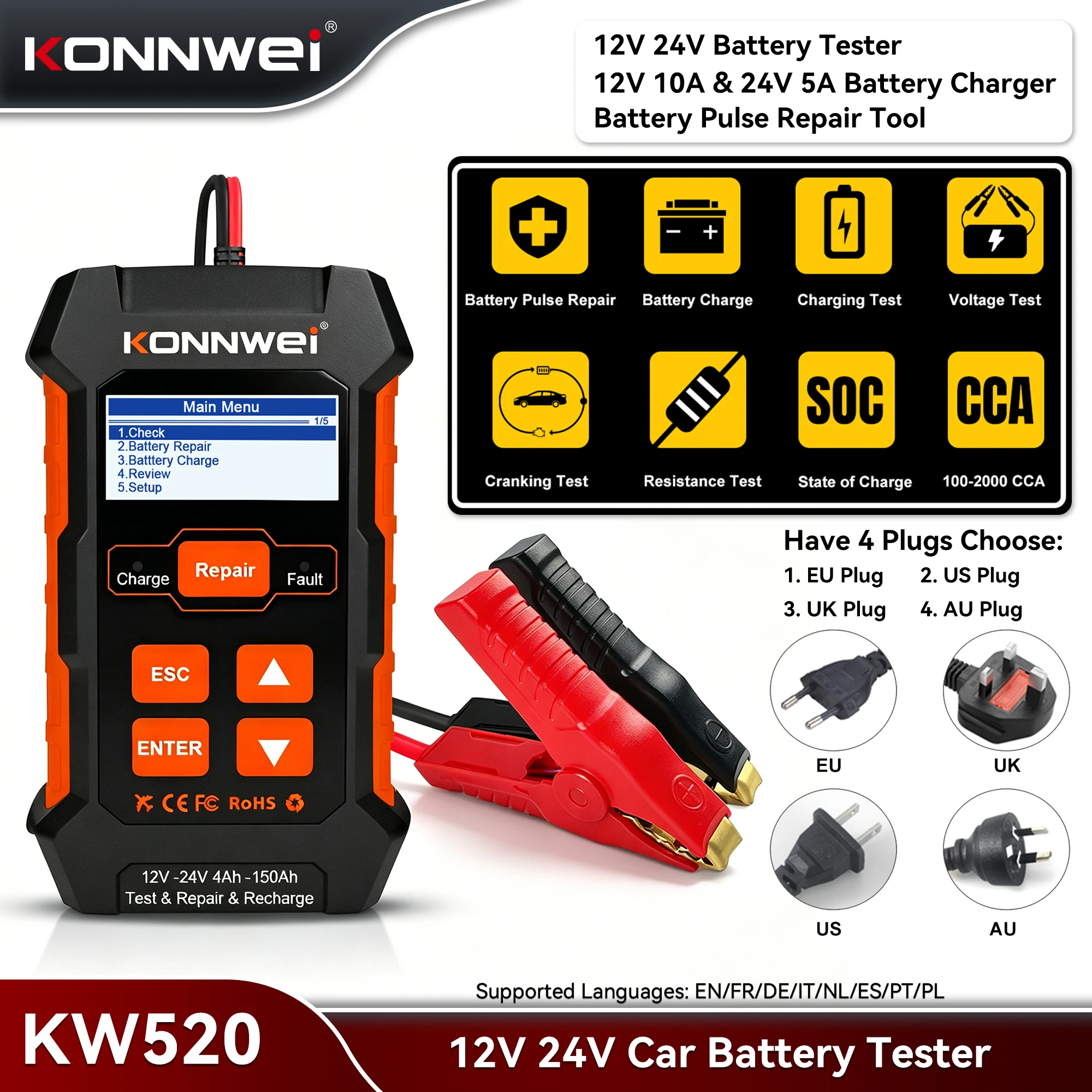KONNWEI KW520 Car Battery Tester 12V 24V Battery Charger Lead Acid Car Battery Pulse Repair Tool AGM Gel Lithium Scanning Tool