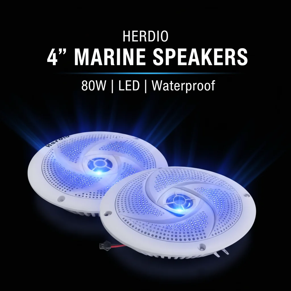 

Herdio 4 Inch 80W Waterproof Marine Speakers - 2 Way Weather Resistant with LED Lights, and Low Profile Slim Style Suitable