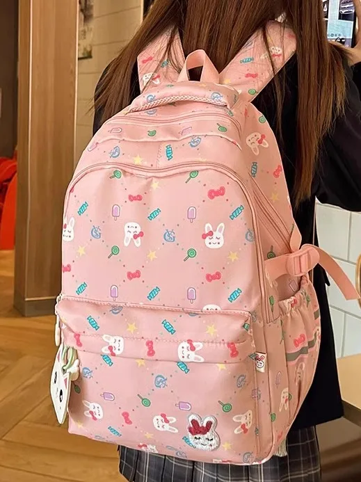

Dibekia Large Capacity Rabbit Cartoon Backpack for Women Casual School Bag Nylon Material Zipper Closure Sweet College Style