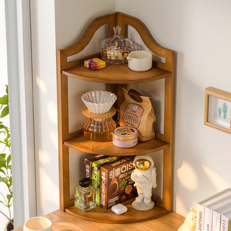 Kitchen spice bottle rack, solid wood tabletop vintage cup holder, makeup and coffee tea set corner shelf