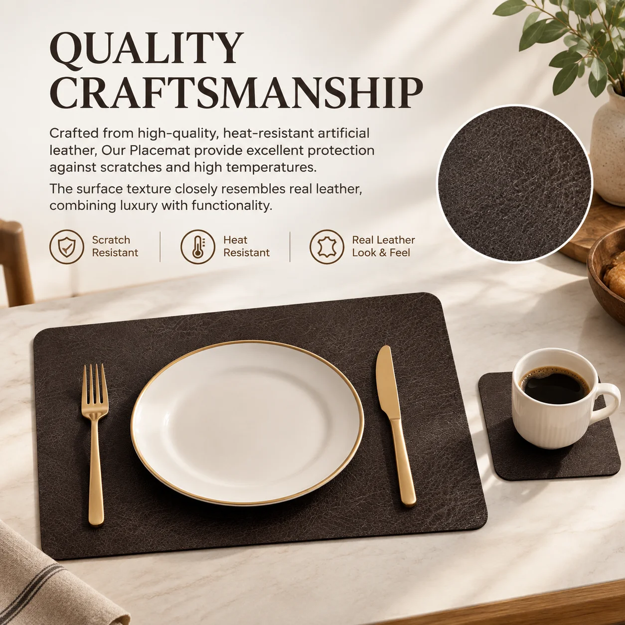 Square Imitation Faux Leather Kitchen Dining Table Insulation Placemat Non-Slip Waterproof Double-Sides PU Table Place Mats