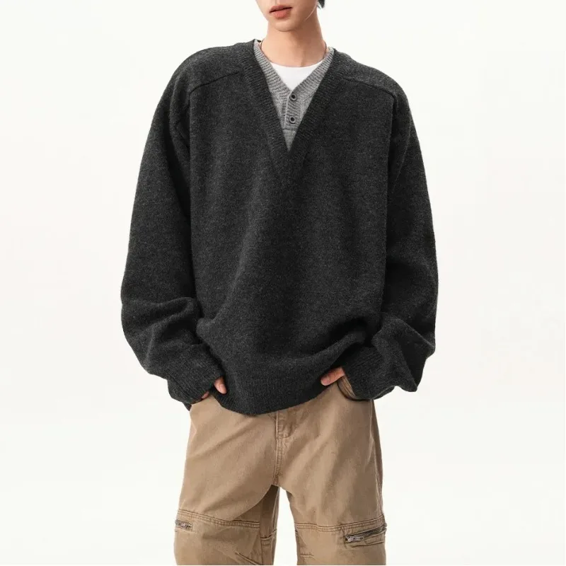 

Модный модный ретро ленивый стиль, искусственный свитер из двух предметов с v-образным вырезом, мужской новый пуловер, свободное вязаное пальто с длинными рукавами