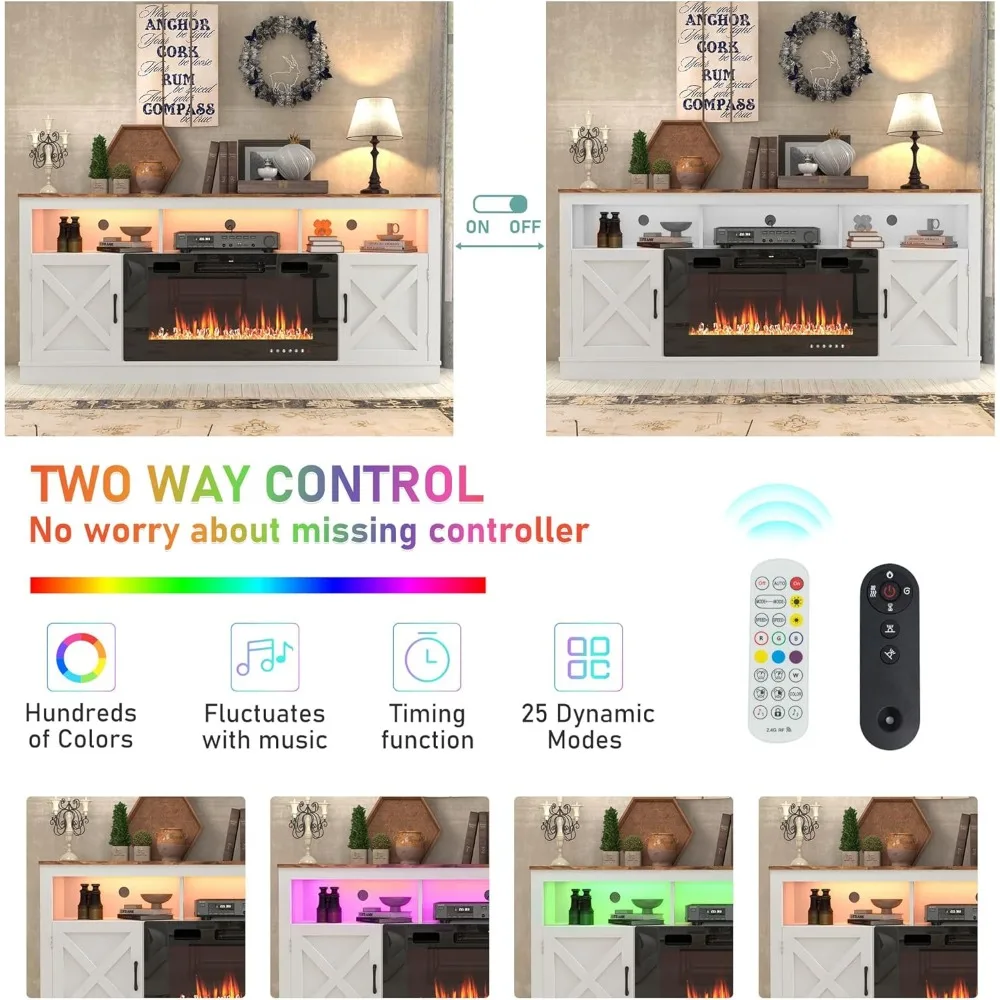 70-80 Inch TV Farmhouse Style Fireplace Entertainment Center with 36 Electric Fireplace and LED Lighting