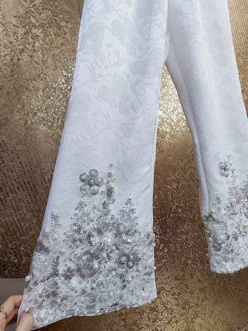 Luxury Beaded Sequined Embroidery Retro Bell-Bottom Pants Women 2024 Autumn 3D Carved Flower Casual Pants Female Long Pant