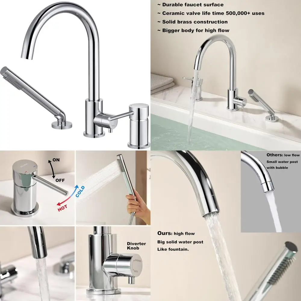 

Chrome Deck Mount Tub Faucet with Sprayer, Brass Handheld Shower, Roman Style Bathroom Tub Filler Faucet