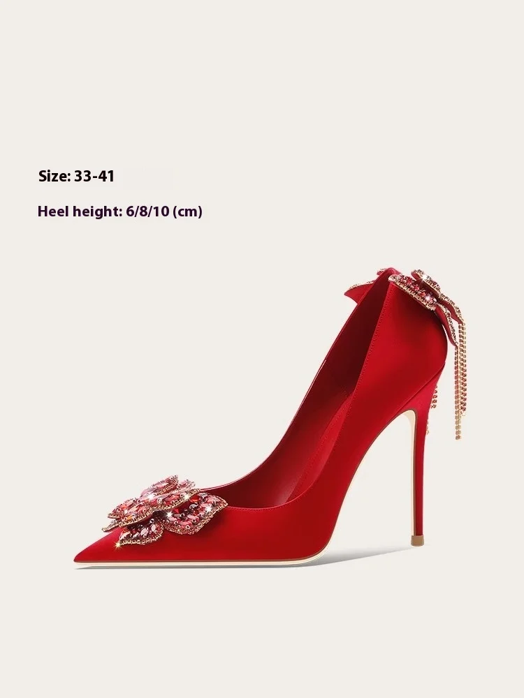 

High heels spring new pointed shallow silk surface rhinestone butterfly single shoes banquet large size small size women's shoes