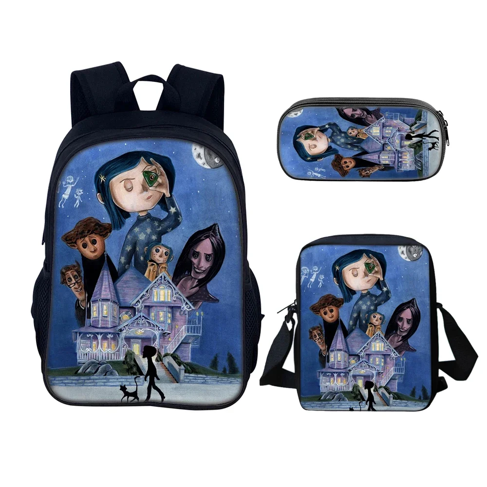 Horror Coraline Schoolbag, mochila de viagem, lancheira, conjunto de lápis, presente para crianças e estudantes