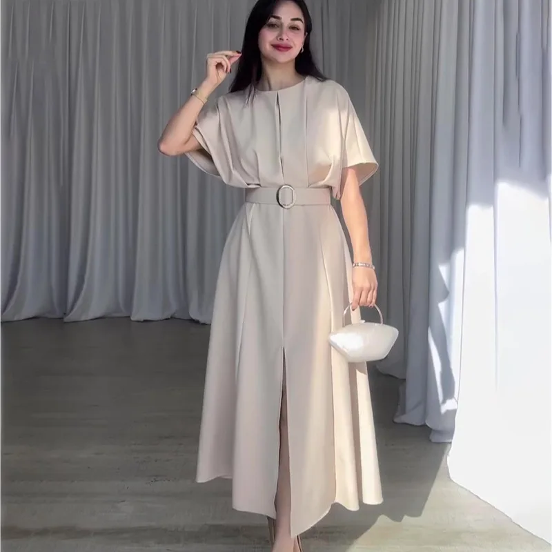 

2025New European and American Style2025Best-Selling New Type New Solid Color Fashion round Neck Short Sleeves Dress Belt Slim Fi