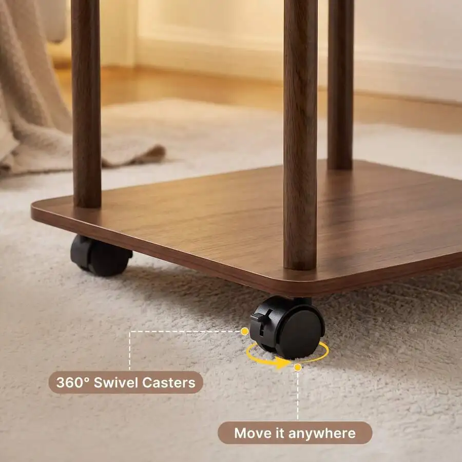 1Pc 2‑Tier Mobile Coffee Side Table, Solid Wood Legs With Built‑In Casters, Space‑Saving Display Accent Table, For Dorm/Office/Reading Nook