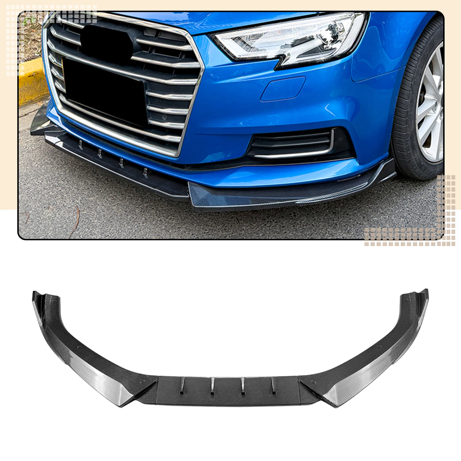 For Audi A3 8V 2017-2020 Standard Version Front Bumper Spoiler Lip Lower Splitter Blade Protector Carbon Fiber Look/Gloss Black
