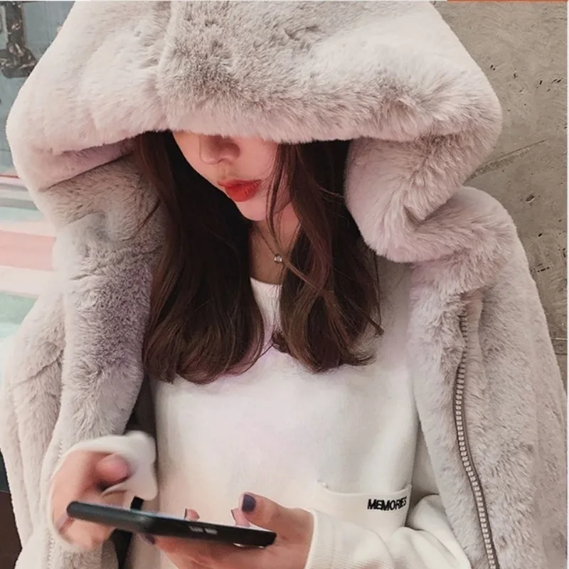 Winter Warm Elegant Thick Faux Fur Coats Women Loose Casual Belt Black Lady Jacket Korean Fashion Gray Student Outwear New Cute