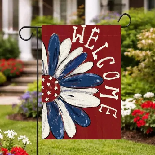Welcome 4th of July Garden Flag, Patriotic Daisy Flower Flag, USA Flag PPZ