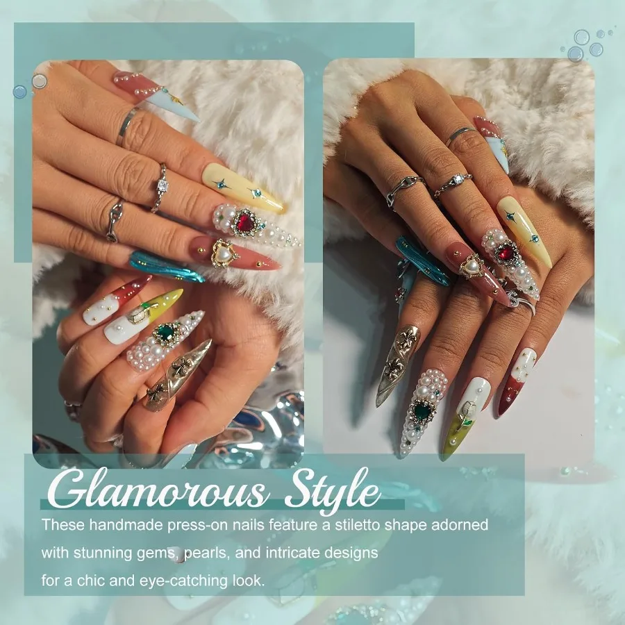 Prensa hecha a mano en uñas Stiletto punta francesa largo Diamante de imitación perla diseño 3D uñas postizas para mujeres Kit de uñas reutilizable con palo ingenio