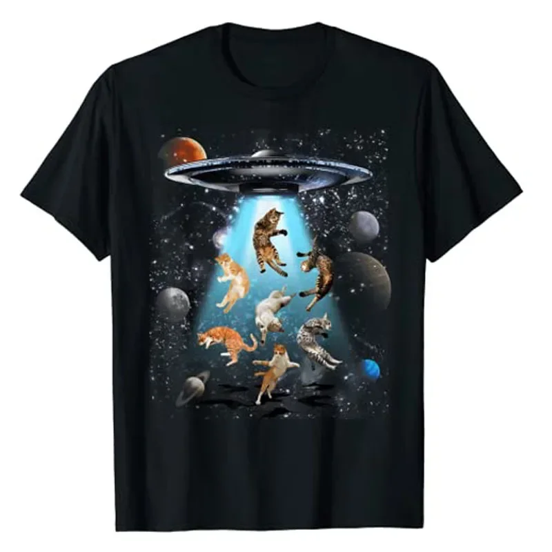 Cute Alien-Cat Space Lover Graphic Tee Y2k Top Novelty Gift Galaxy Cat Cats UFO Humor Funny Kitttyy Graphic Kitten Owner T-Shirt