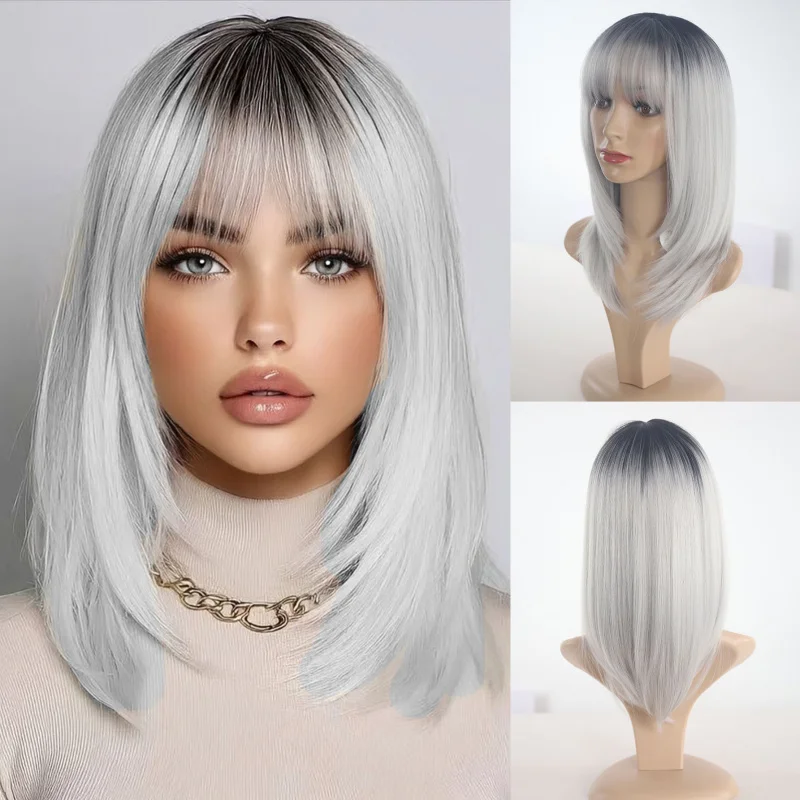 European and American gradient gray medium-length straight hair with bangs, high-temperature fiber women's layered wig