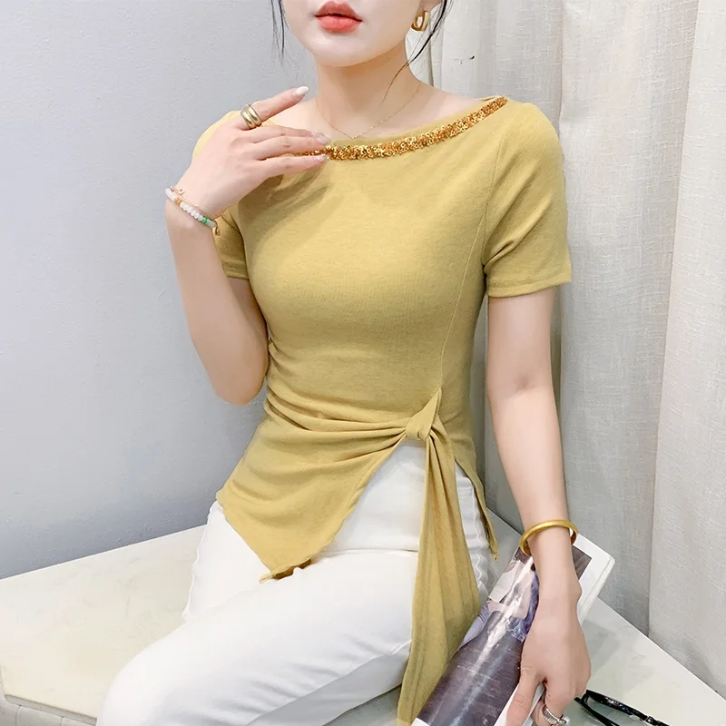 Camiseta ortopé Sve ajustada de verano para mujer, Top versátil con lentejuelas brillantes, cintura ceñida, longitud de ves, diseño Faionable