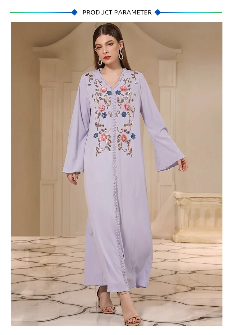 Vestido bordado com decote em v para mulheres, elegante Abayas, Dubai, árabe, temperamento, robe, Turquia Caftan, Marocain Abayas, primavera