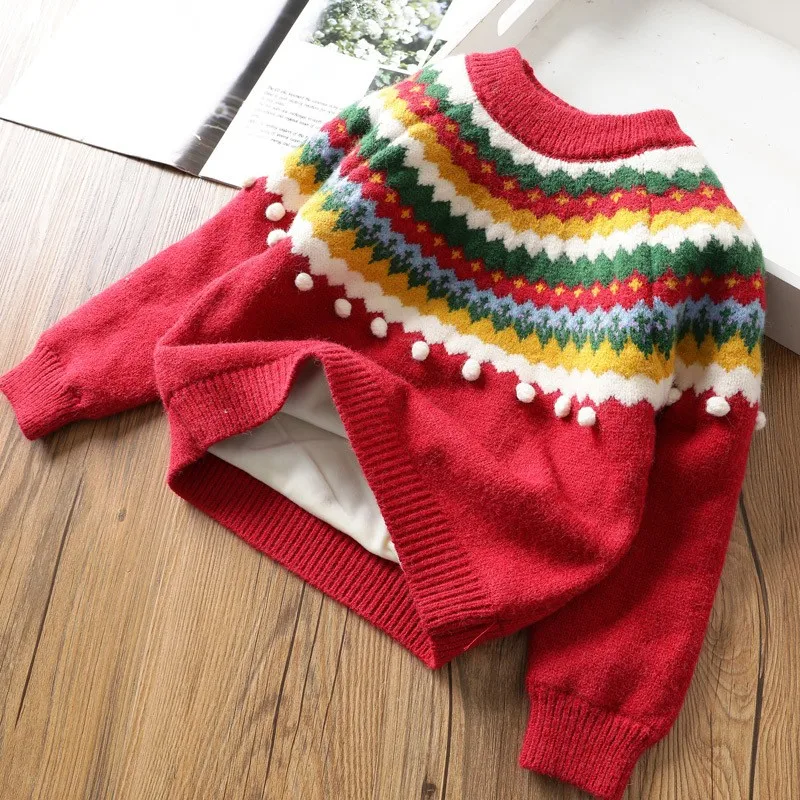 Girls Knitted Sweater  Retro Thick Fleeced Sweater for Girls Children's Baby Gril Sweater Autumn Winter2-12Y