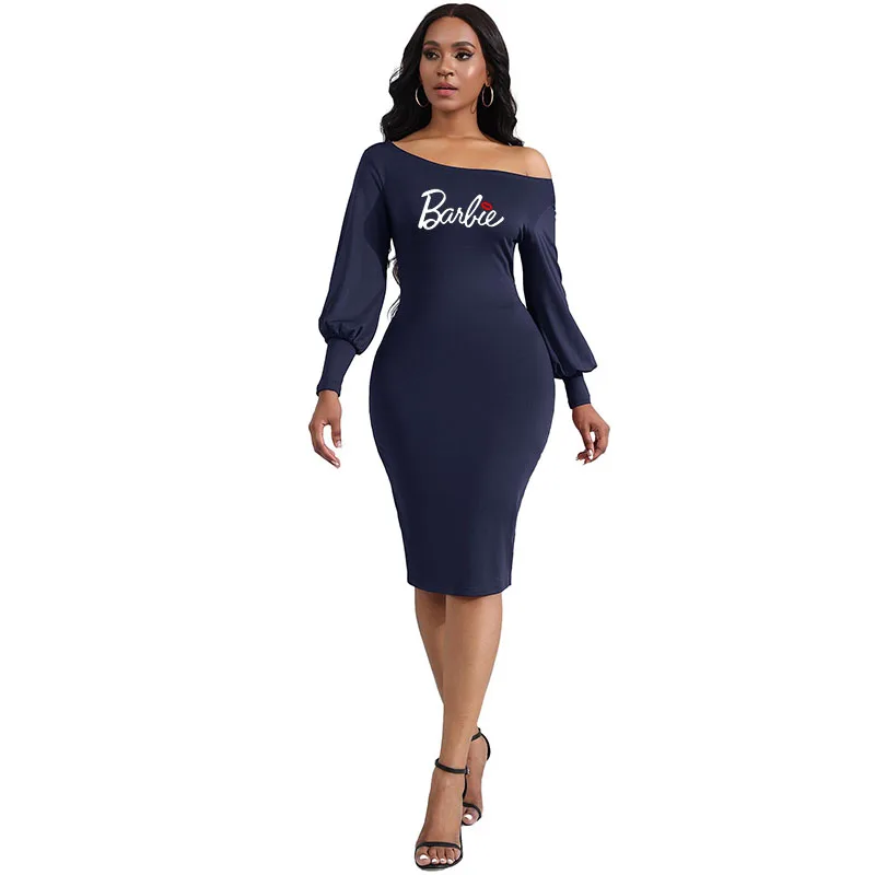 Fashionable Barbie Printed Long-Sleeved Waist Slimming Dress for Women, Versatile High-Waisted Figure-Flattering Dress for Women