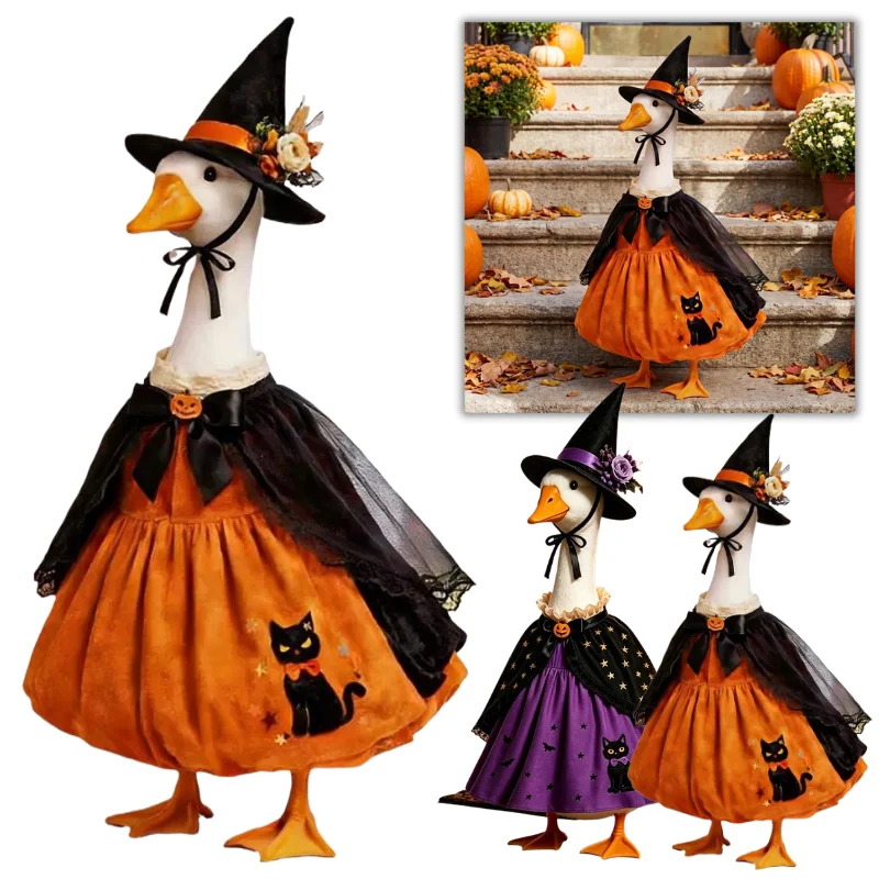 Halloween Goose Witch Outfit For 23-inch Lawn Goose Pumpkin Accent Black Cat Pattern Garden Goose Dress Hat Decoration Clothes
