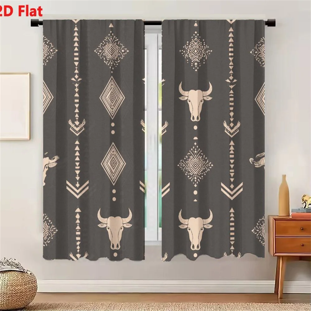 2Pcs Curtains 2D Flat Southwestern Tribal Art Pattern On Dark Gray Background With Light Beige Geometric Shapes Diamond Motifs B