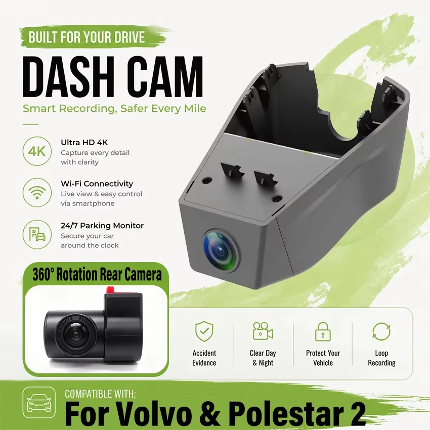 Dedicated Dash Cam for Volvo & Polestar 2, Compatible with XC60 XC90 XC40 C40 EX30 S90 V90 S60 V60 V40 EX40 EC40 Car DVR Dashcam