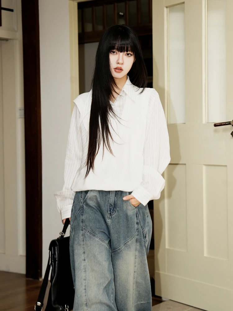 

Корейский полосатый вязаный свитер в стиле пэчворк для женщин, новый весенний дизайн, уникальный топ с асимметричным подолом и длинными рукавами