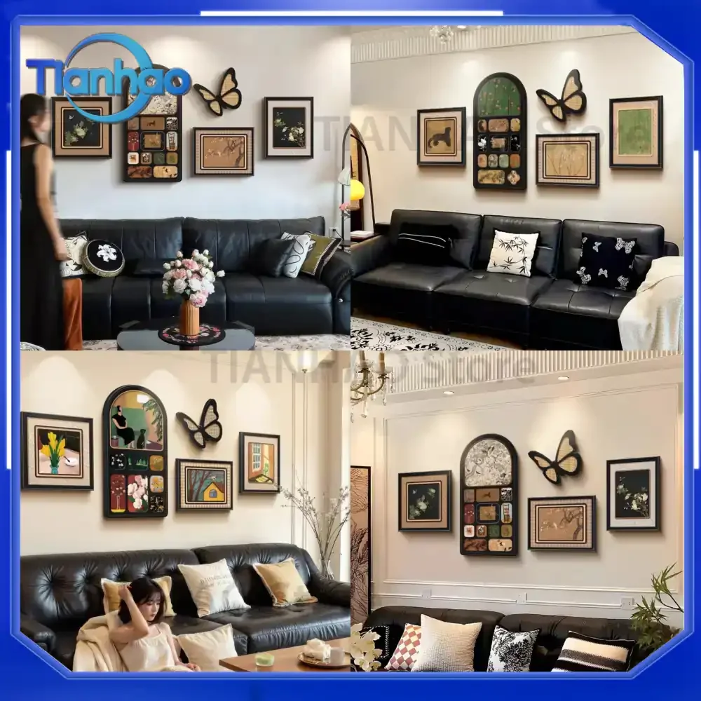 Vintage French Style Living Room Wall Art Set for Butterfly Motif Sofa Backdrop Decorative Canvas Painting Retro Art Mural