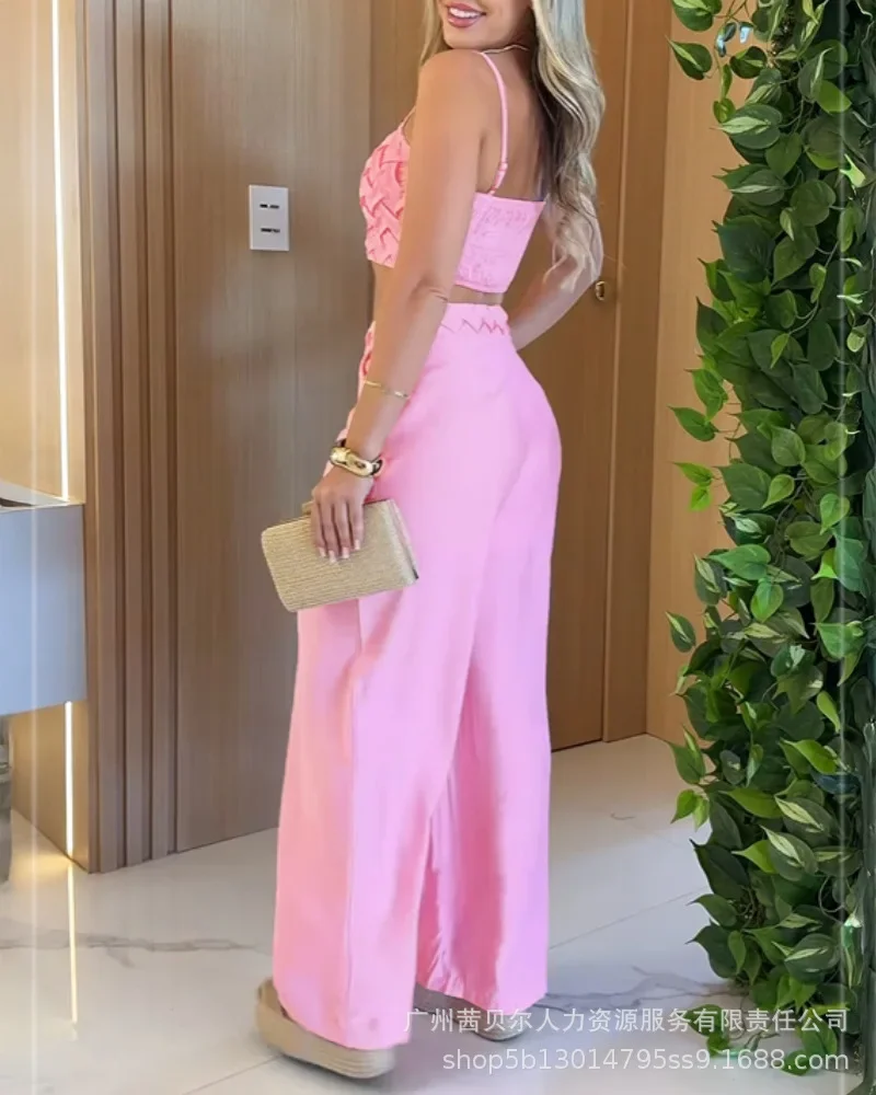 Ensemble 2 pièces pour femmes, bretelles Spaghetti texturées, haut court tissé et pantalon décontracté à jambes larges