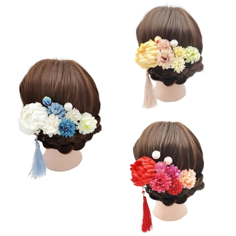 9PCS Japanese Wedding Hair with Colorful Flower Hairband for Woman Vacation Wedding Graduate Headpiece