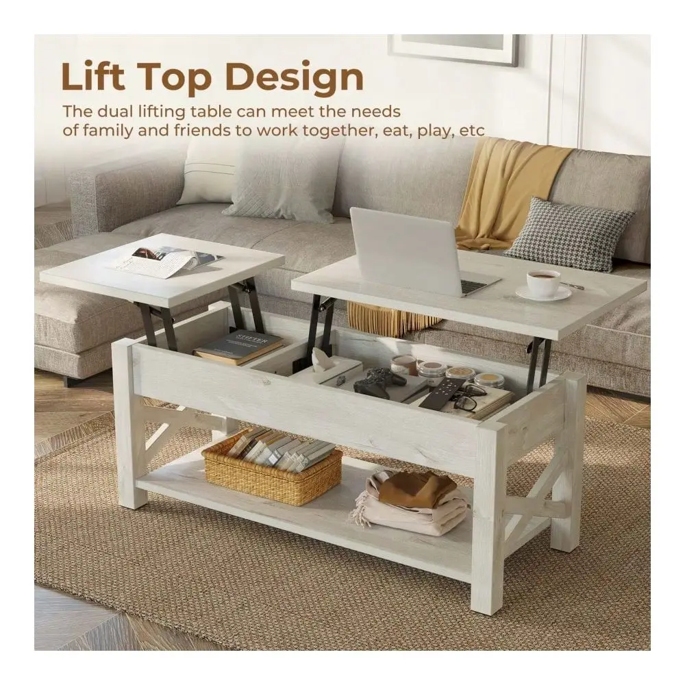 

Coffee Table 47.2 , 2 Way Lift Top Farmhouse Center Table With Hidden Compartment, Open Shelf X Wooden Support, Lift Tabletop D