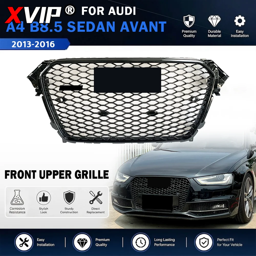 XVIP Gloss Black RS4 Style Front Bumper Grille Honeycomb Mesh Upper Grill W/Glossy Black For Audi A4 B8 Facelift 2013-2016 Avant