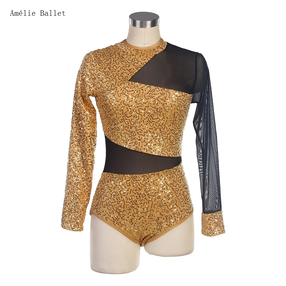 

18566 Gold Sequin and Black Mesh Jazz Dance Costume for Child and Adult Long Sleeves Dance Leotard Tap Dance Wear